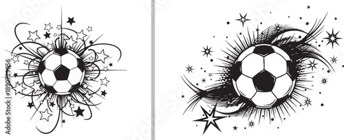 A two-panel vector illustration of soccer balls with dynamic starburst effects, featuring swirling lines and various star shapes to represent celebration, energy, and athletic flair.