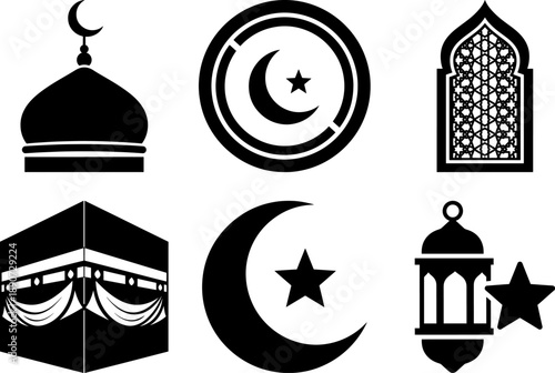 Set of 6 Essential Islamic Icons featuring Kaaba Sharp Silhouette Mosque Dome with Crescent Moon Ornate Arch Window and Traditional Lantern with Star