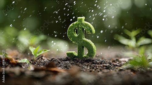 Wallpaper Mural A green dollar sign grows in soil, surrounded by water droplets, symbolizing the connection between finance and nature. Torontodigital.ca