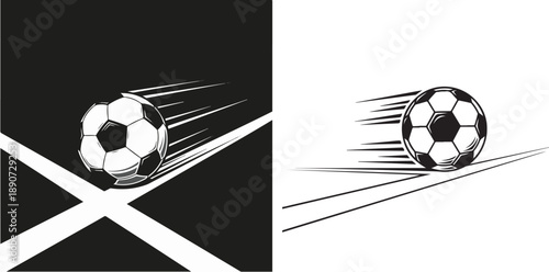 Two-panel vector set featuring a soccer ball in motion with speed lines: the left shows it crossing a bold white 'X' on black; the right displays a horizontal trail on a white background.