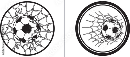 A two-panel vector illustration showing a soccer ball entering the goal net, featured within circular frames to emphasize a successful score or championship moment.