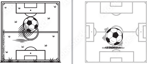 A two-panel vector illustration of a soccer field from a top-down perspective, featuring a ball in motion with speed lines across the center line and penalty areas.