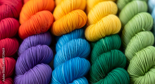 Rows of vibrant multi colored wool yarn bundles for embroidery and handmade knitting projects