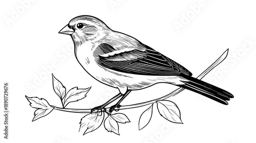 Black and White Drawing of Small Bird.
