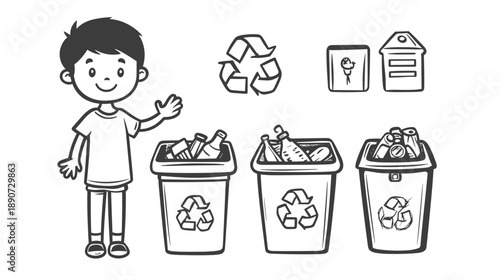 Boy Standing Near Recycling Bins Illustration.