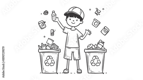 Boy Standing Near Recycling Bins.