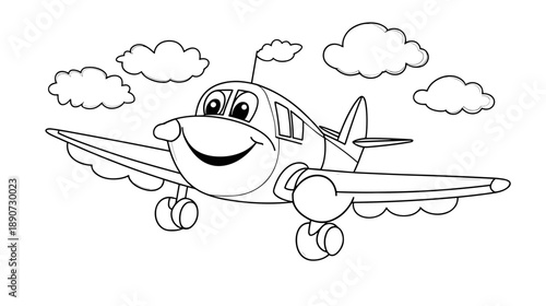 Cartoon airplane with smiling face flying.