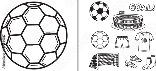 Two-panel vector collection featuring a large, detailed soccer ball outline on the left and an assortment of sports icons including a stadium, jersey, cleats, and "GOAL!" text on the right.