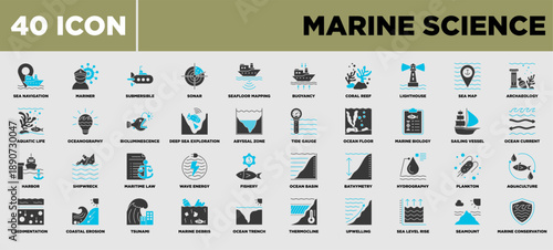 Marine Science Icon Set Glyph Blue