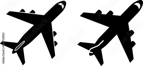 Set of Two Airplane Silhouettes featuring Top View Profiles of Commercial Jet Aircraft for Travel Logistics Aviation Industry and Global Transportation Design