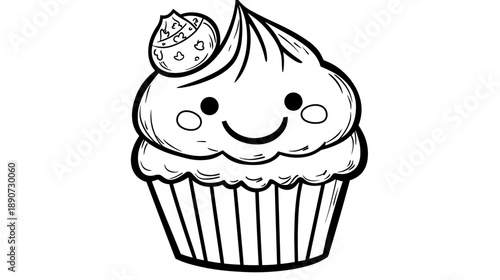 Cartoon Cupcake with Smiling Face and Decoration.