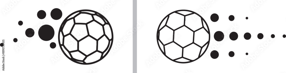 Fototapeta premium Two-panel vector set featuring a soccer ball in motion: on the left, it trails an abstract cluster of black dots, and on the right, it follows a structured, linear trail of dots.