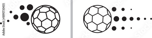 Two-panel vector set featuring a soccer ball in motion: on the left, it trails an abstract cluster of black dots, and on the right, it follows a structured, linear trail of dots.