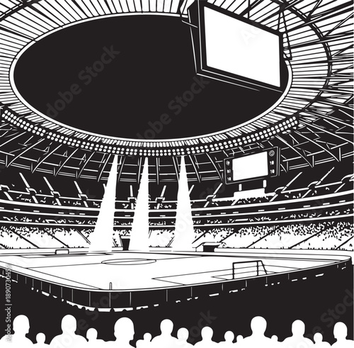 Detailed black and white vector illustration of a massive sports stadium interior, featuring a bright playing field illuminated by spotlights and a large video scoreboard.