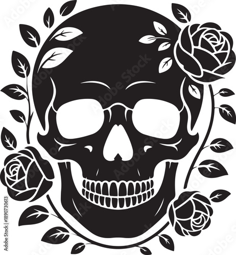 Decorative Skull Silhouette – Floral Skull Vector Black on White