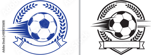 A two-panel vector graphic featuring soccer ball crests with laurel wreaths and speed trails, representing athletic excellence, championship awards, and dynamic football club branding.