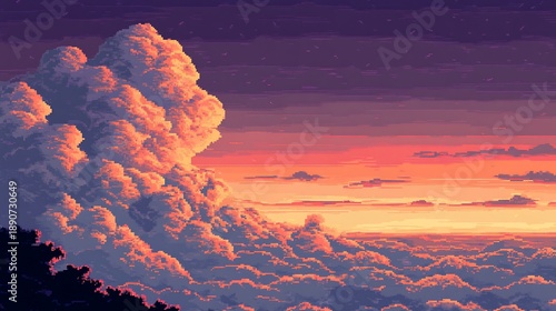 Serene Pixelscape: A Sunset Panorama of Cumulus Clouds and Atmospheric Hues