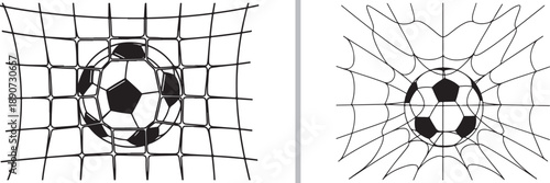 A two-panel vector illustration showing a soccer ball hitting a net, featuring a traditional square grid pattern and a dynamic radial web-like distortion to represent a goal.