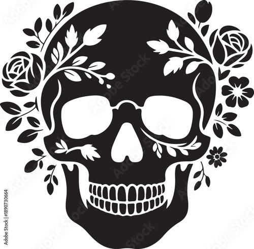 Decorative Skull Silhouette – Floral Skull Vector Black on White