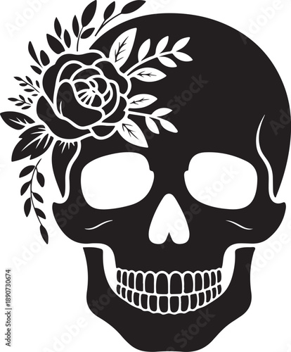 Decorative Skull Silhouette – Floral Skull Vector Black on White