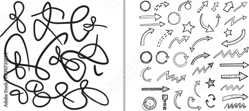A two-panel set of hand-drawn ink doodles featuring a single frame of thick, continuous loopy lines on the left and a neat grid of various arrows, stars, and circles on the right.