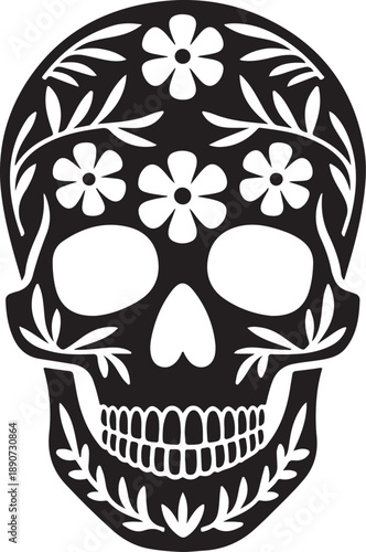 Decorative Skull Silhouette – Floral Skull Vector Black on White
