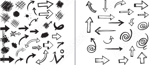 Two-panel vector collection featuring a diverse assortment of hand-drawn black ink arrows, swirls, and textured hatches in various sketched styles.