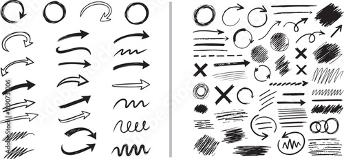 A two-panel set of hand-drawn black ink elements featuring a collection of arrows, curves, and swirls on the left, and miscellaneous symbols like crosses, circles, and textures on the right.