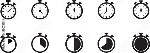 Stopwatch timing icon set vector illustration, clock alarm pictogram, countdown timer icons outline