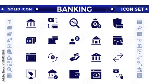 Banking solid icon set with money, bank, check, law, auction, exchange, payment, wallet, deposit, piggy, calculator, web icon. Containing policy, needs, community, government employee, public finance,