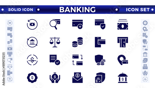 Banking solid icon set with money, bank, check, law, auction, exchange, payment, wallet, deposit, piggy, calculator, web icon. Containing policy, needs, community, government employee, public finance,