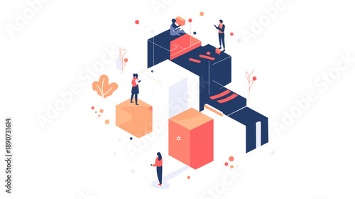 Isometric Illustration of People Moving Boxes.