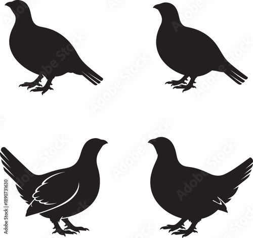 Four black silhouettes of pheasants in different poses