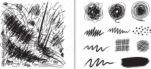 Two-panel vector collection of hand-drawn black ink scribbles: dense, chaotic hatches on the left and a neat assortment of individual circles, waves, arrows, and textures on the right.
