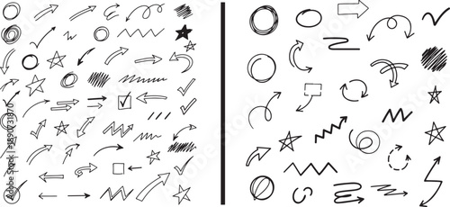Two-panel vector set featuring chaotic black ink scribbles and hatches on the left, contrasted with an organized collection of hand-drawn circles, arrows, waves, and textures on the right.