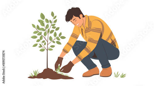 Man Planting a Small Tree Sapling.