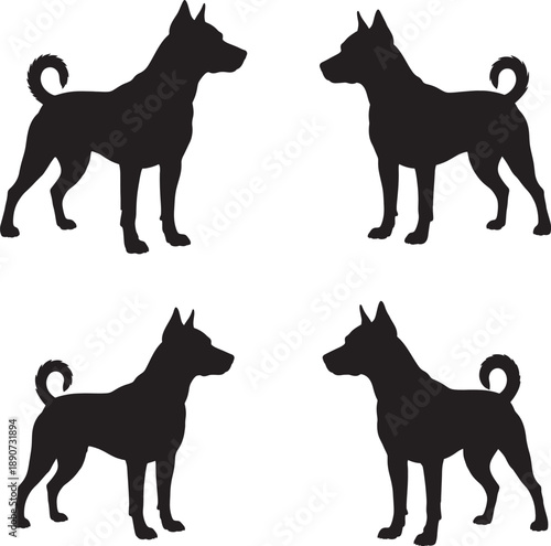 Four black dog silhouettes standing in two rows