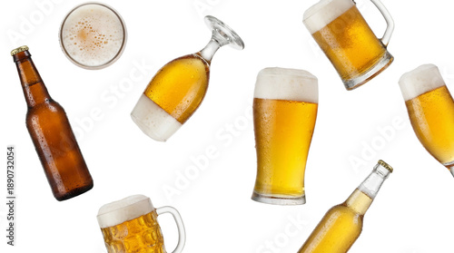 Foto a dynamic arrangement of assorted beer bottles and glasses filled with golden lager, frothy head, and condensation, isolated on black