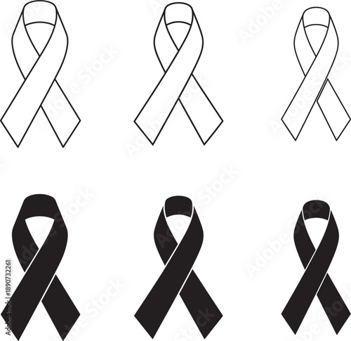 A collection of black awareness ribbons in various line art and silhouette styles
