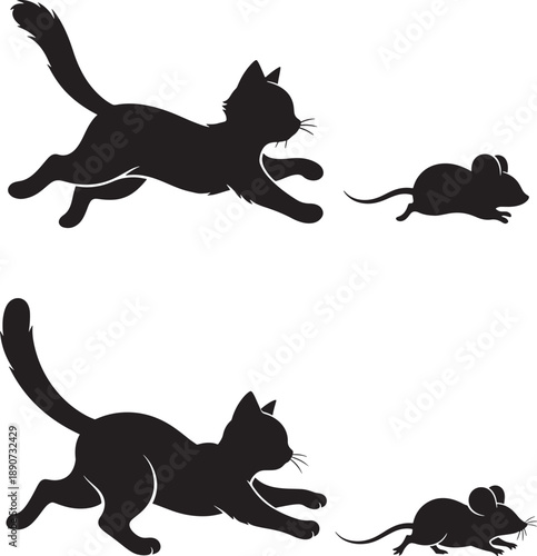 Silhouette of cats chasing mice in playful hunt scenes