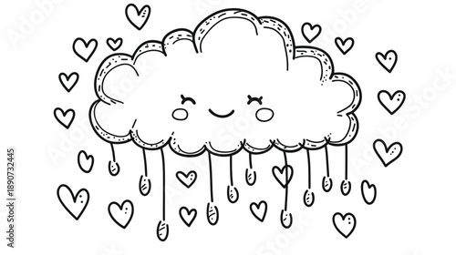 Smiling Cartoon Cloud with Hearts and Raindrops.
