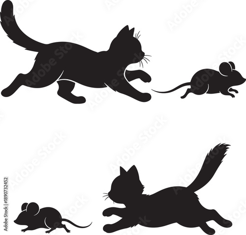 Silhouette of a cat chasing a mouse in two different positions