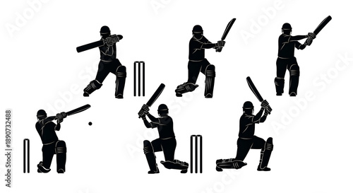 silhouette of cricket players batting in different positions on white background