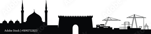 Arabic city skyline silhouette with mosque minarets stone gate and industrial port machinery
