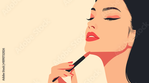 Woman Applying Lipstick with Eyes Closed.