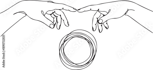 Minimalist Line Art Drawing of Hands Reaching and Touching with Abstract Circle, symbolizing connection, unity, or creative spark, akin to The Creation of Adam