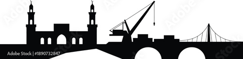 Basra silhouette skyline with grand mosque minarets and industrial port crane and arched bridge