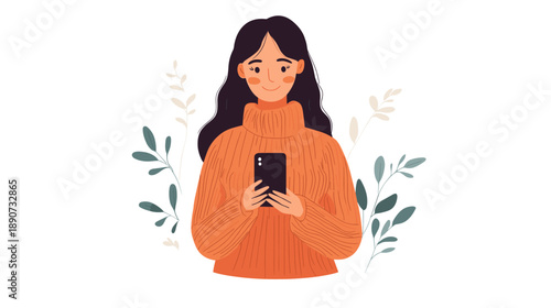 Woman Holding Mobile Phone Illustration.