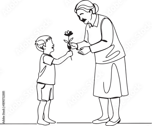 Minimalist line art illustration of a happy boy presenting a flower to an elderly woman, a heartfelt moment of kindness, care, and intergenerational connection, depicting grandson and grandmother