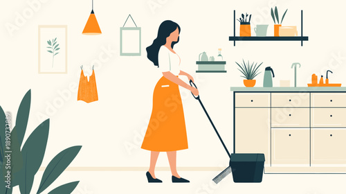 Woman in Orange Apron Vacuuming Floor.